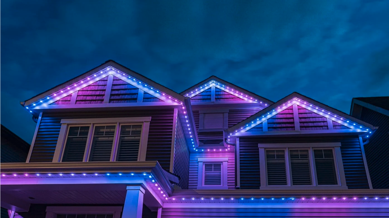 Permanent LED roofline lighting custom design installed on Maine home